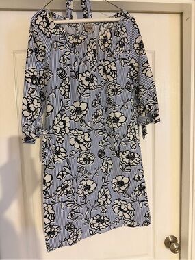 Como Vintage Blue and White Floral Stripe Midi Dress XL